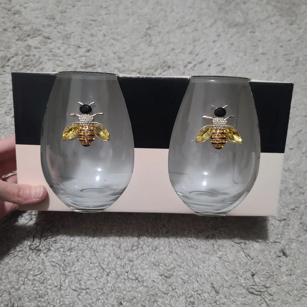 New Rachel Zoe Set of 2 Stemless Glasses Rhinestone Bees